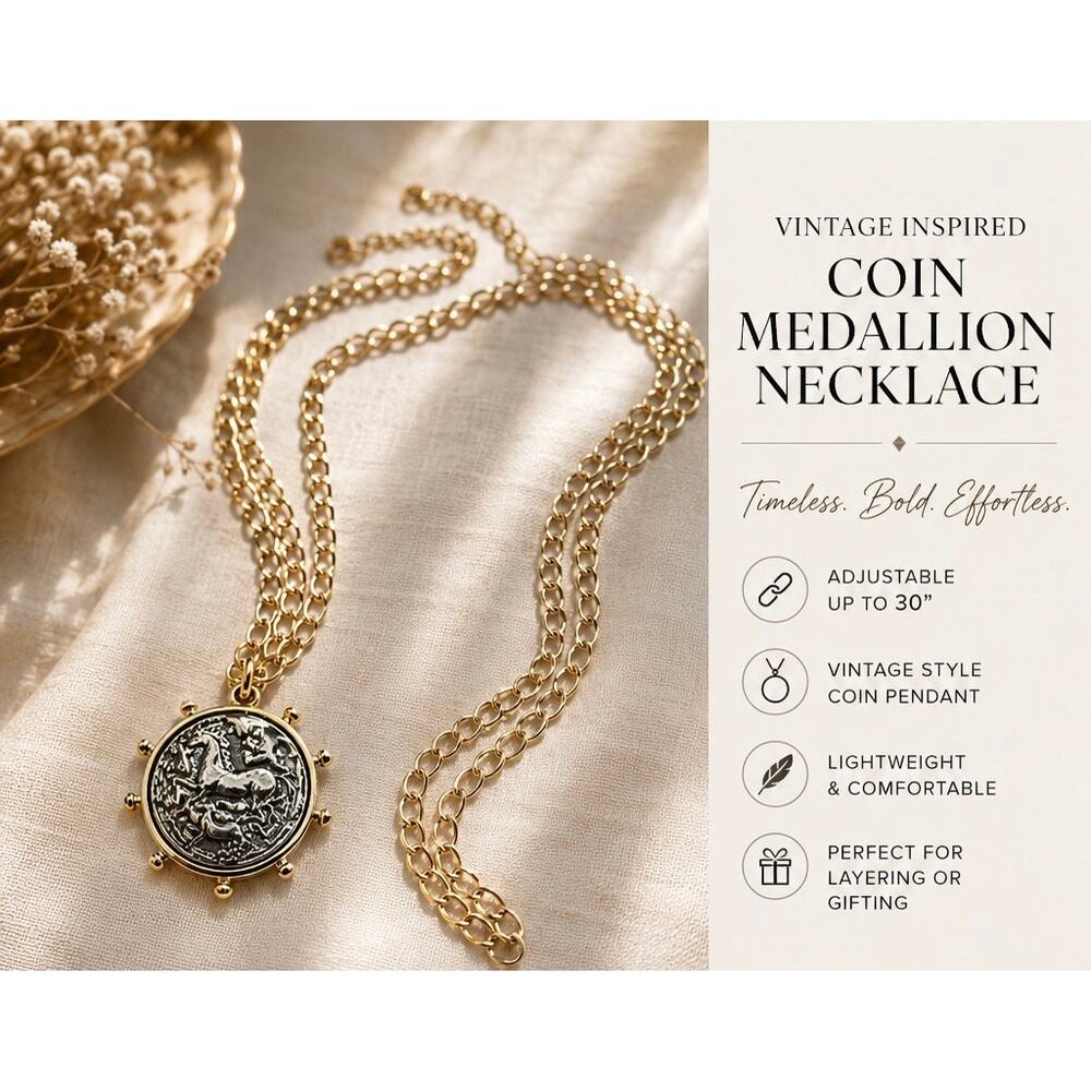 Equestrian Inspired Coin Pendant Necklace – 30” Adjustable Layering Chain - Picture 7 of 11